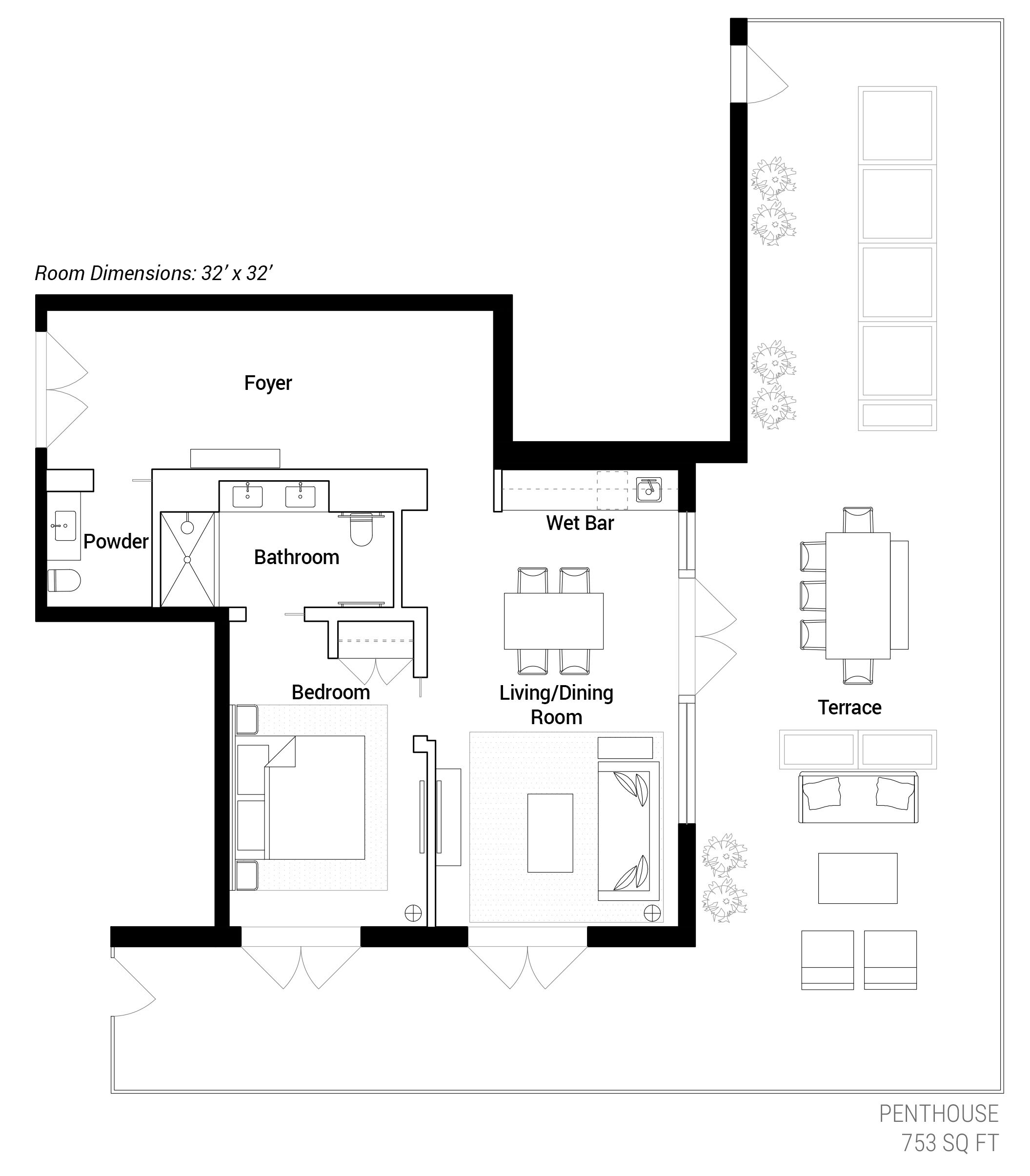 Plano de planta de una habitación de 9.75 metros por 9.75 metros que incluye un aseo, baño, dormitorio, sala de estar/comedor, barra húmeda y terraza.