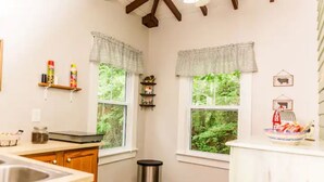 A kitchen with wooden cabinets, a stainless steel sink, and two windows with checkered valances.