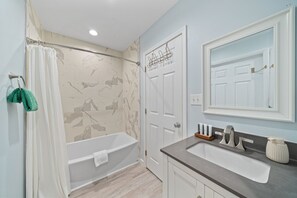 Combined shower/bathtub, hair dryer, towels, soap - Easy beach access • Private pool • Dog-friendly fenced yard on 30A  Seacrest, FL (Seacrest)