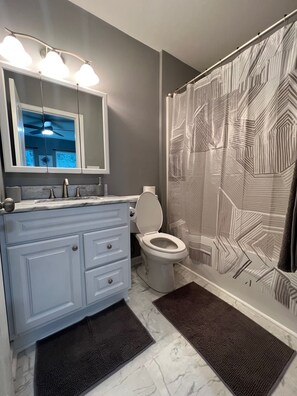 Combined shower/tub, hair dryer, towels, soap