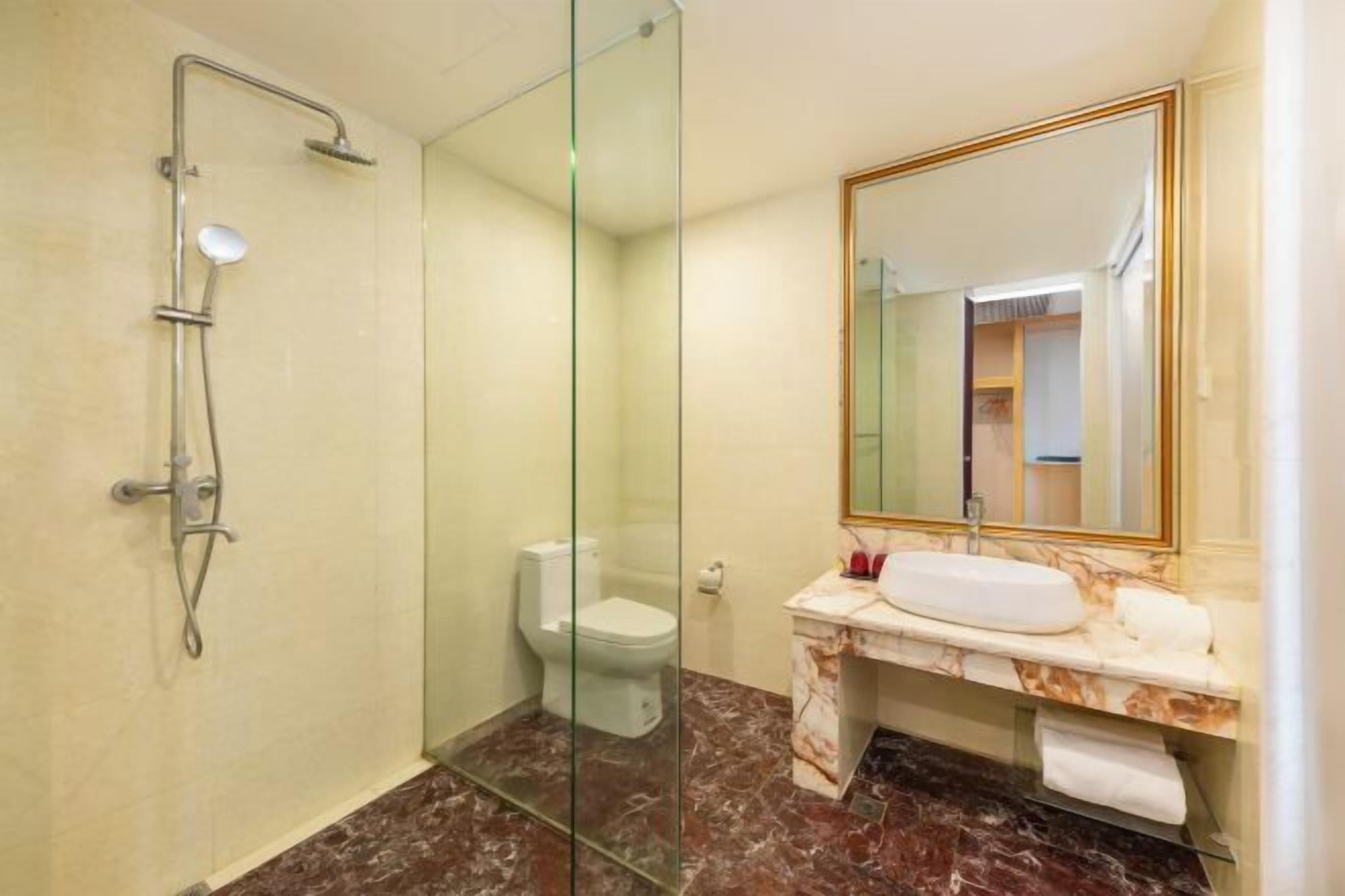 Une salle de bain avec une douche à parois de verre, des toilettes, un lavabo en marbre et un grand miroir.