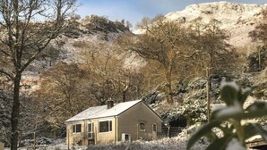 A house with a sloped roof, surrounded by snow-covered trees and a hill in the background.