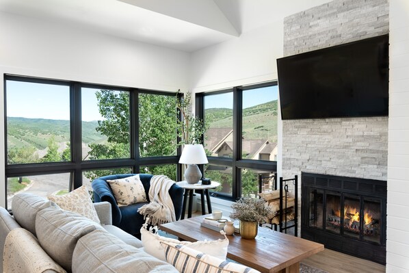 Smart TV, chimenea, libros y estéreo 