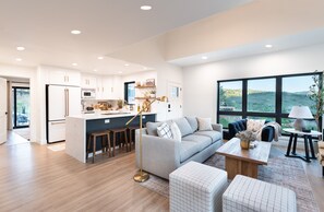 Smart TV, chimenea, libros y estéreo 