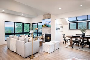 Smart TV, chimenea, libros y estéreo 