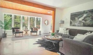 Smart TV, fireplace, books, stereo