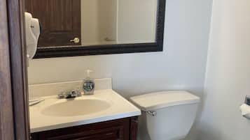 Combined shower/tub, hair dryer, towels, soap
