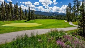 A golf course with a clear path, surrounded by tall pine trees and mountains in the background. - North Keystone 1 Bedroom Near Conference Center (Keystone)