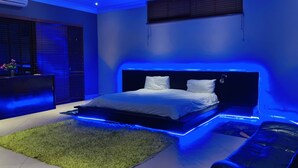 A modern bedroom with a bed, a green rug, and a bench.