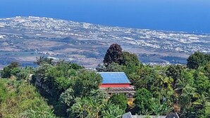 A coastal view with a building featuring a blue roof, surrounded by dense greenery.