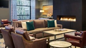 A modern living room with a leather sofa, a coffee table, and a fireplace. - Grand Hyatt Vail Hotel Room With 2 Queens (Vail)