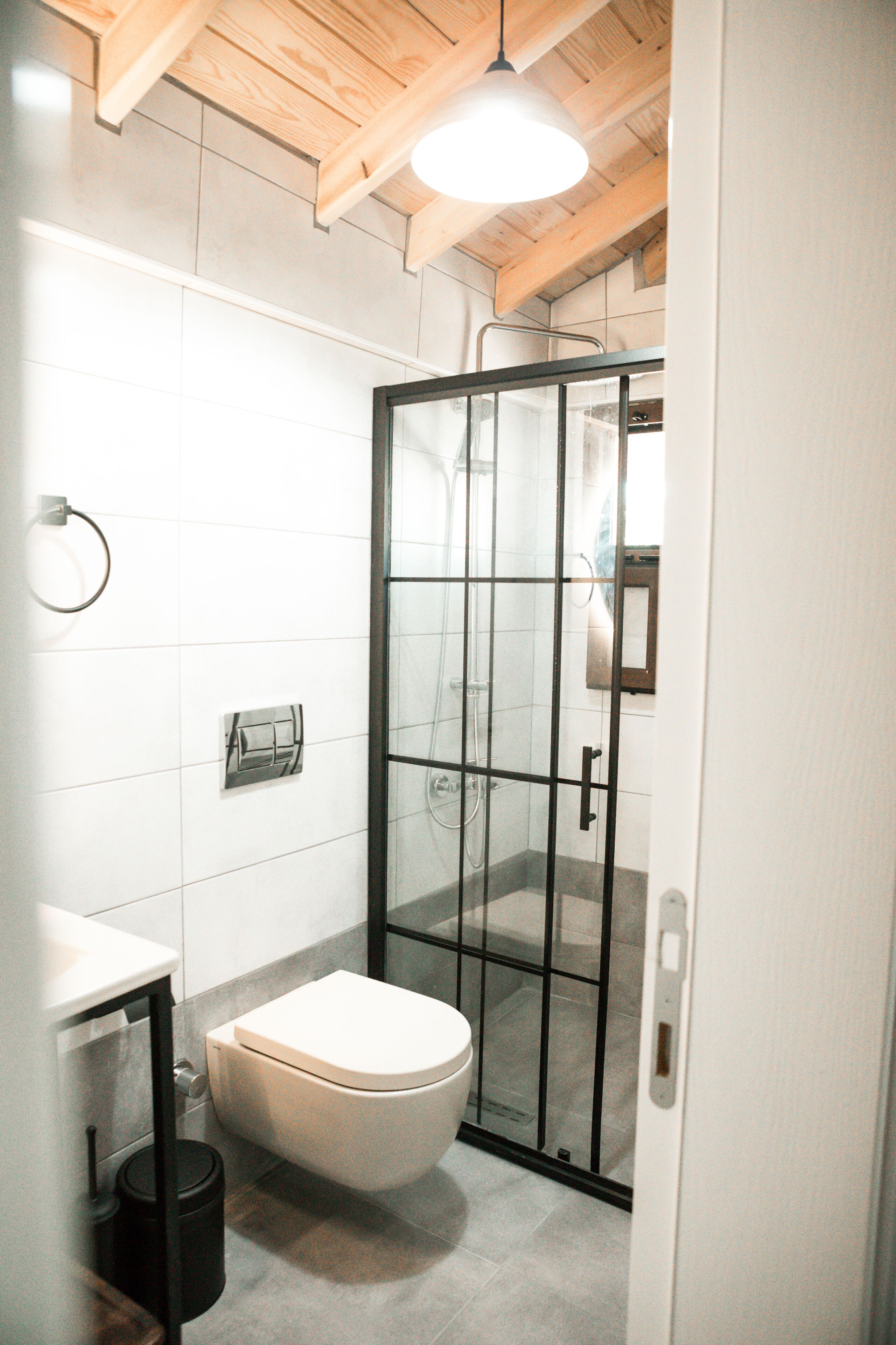 A modern bathroom with a glass shower enclosure, a toilet, and a sink.