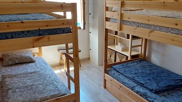 Huoneessa on kaksi kerrossänkyä, puinen työpöytä, vaatekaappi ja vaateteline.