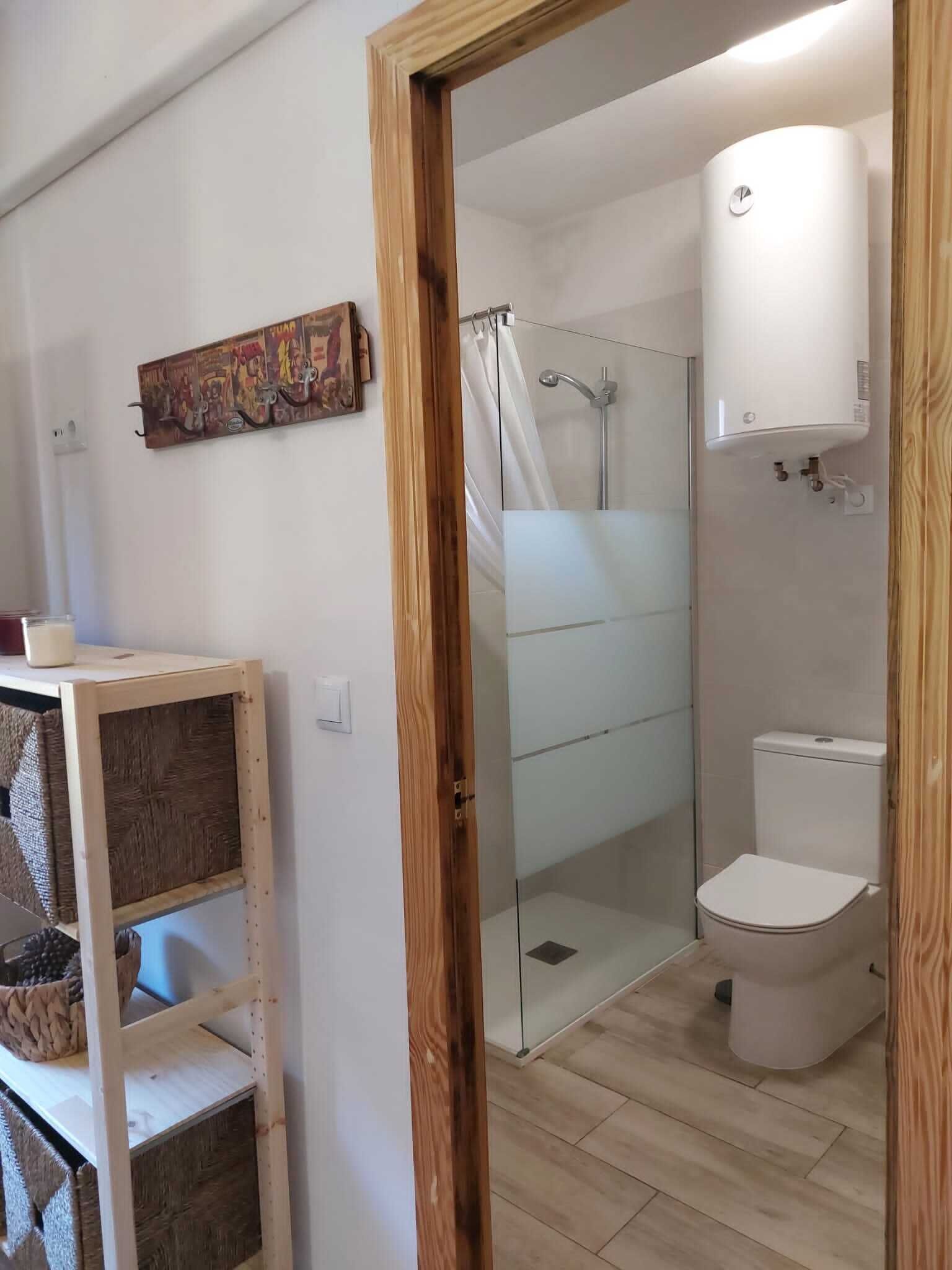 Ein Badezimmer mit Duschkabine aus Glas, Toilette und Wandheizung.