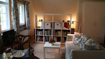 TV, books, music library, stereo