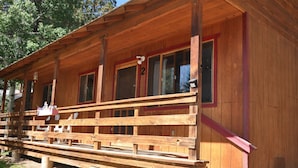 Eine Holzhütte mit Veranda, mehreren Fenstern und einem Briefkasten.
