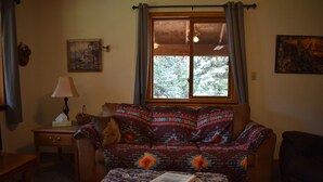 A cozy living room with a patterned sofa, a small table with a book, a lamp, and a window with curtains. - 0005) The Wolf Cabin (Bayfield)