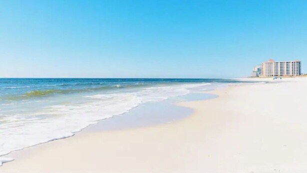 Una playa con un hotel al fondo.