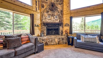 Televisión, chimenea, reproductor de DVD y tenis de mesa