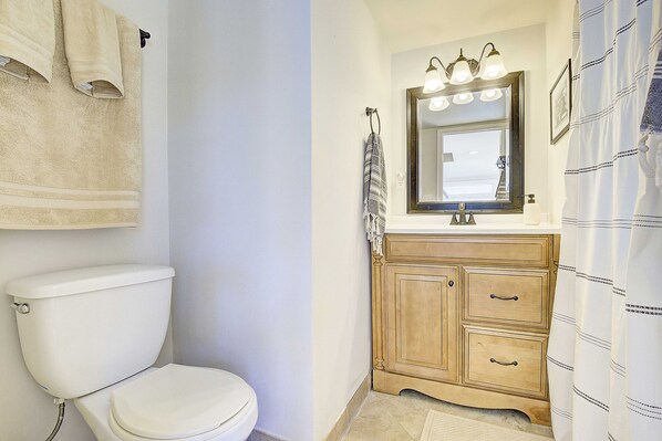 Une salle de bain équipée de toilettes, d’un meuble-lavabo, d’un miroir et d’un rideau de douche.