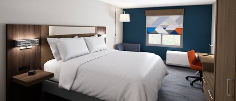 A modern hotel room with a large bed, a desk, and a window with a geometric view.