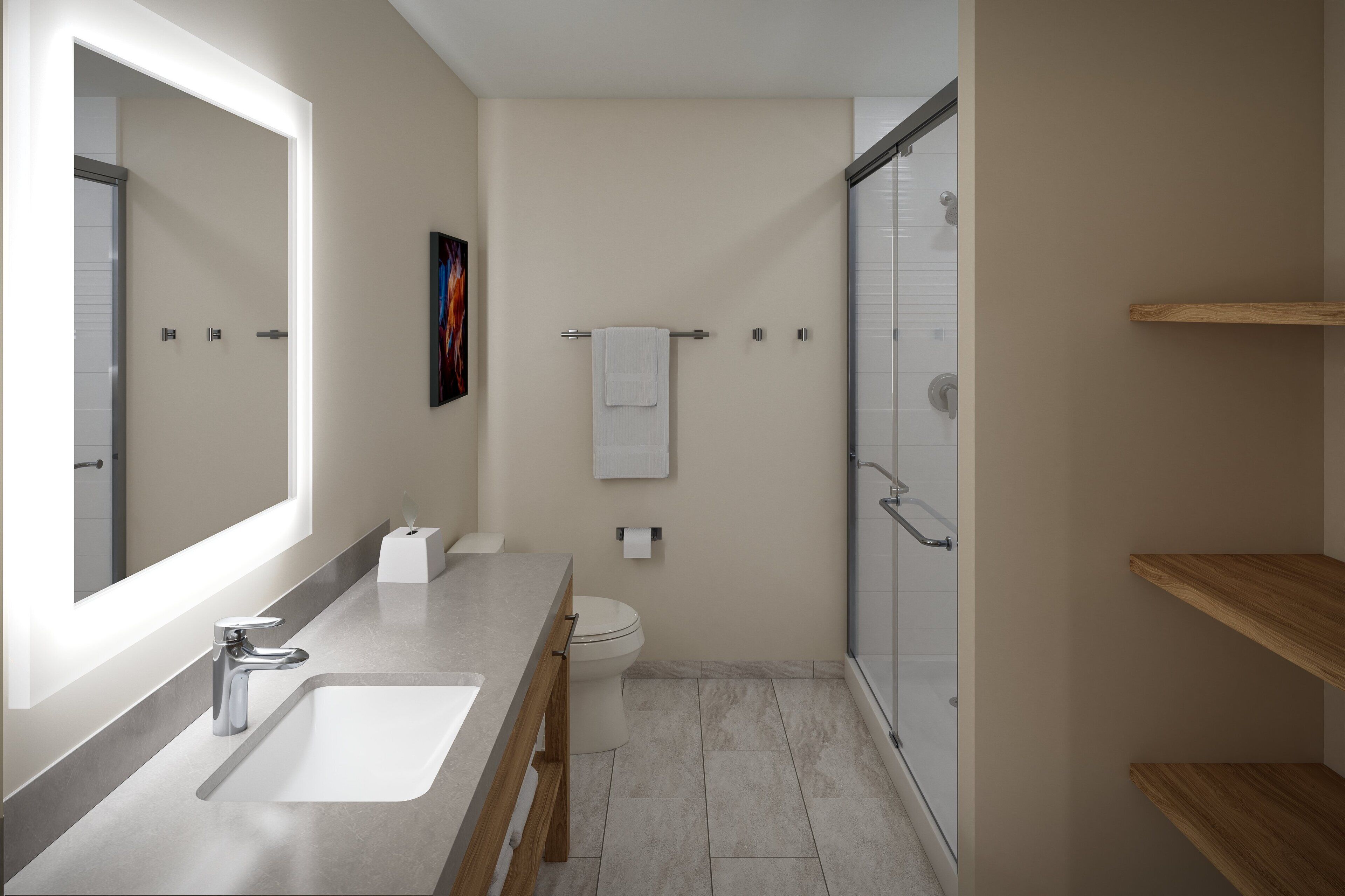 Een moderne badkamer met een grote spiegel, een wastafel, een toilet en een douchehoek.