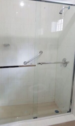 A glass-enclosed shower stall with a handheld showerhead and a handheld shower control. - "The One" studio apt #2 (Kingston)