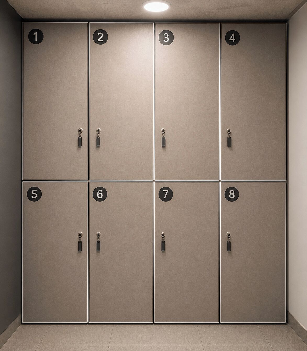 A set of six lockers with numbers 1 to 8, arranged in two rows of three.