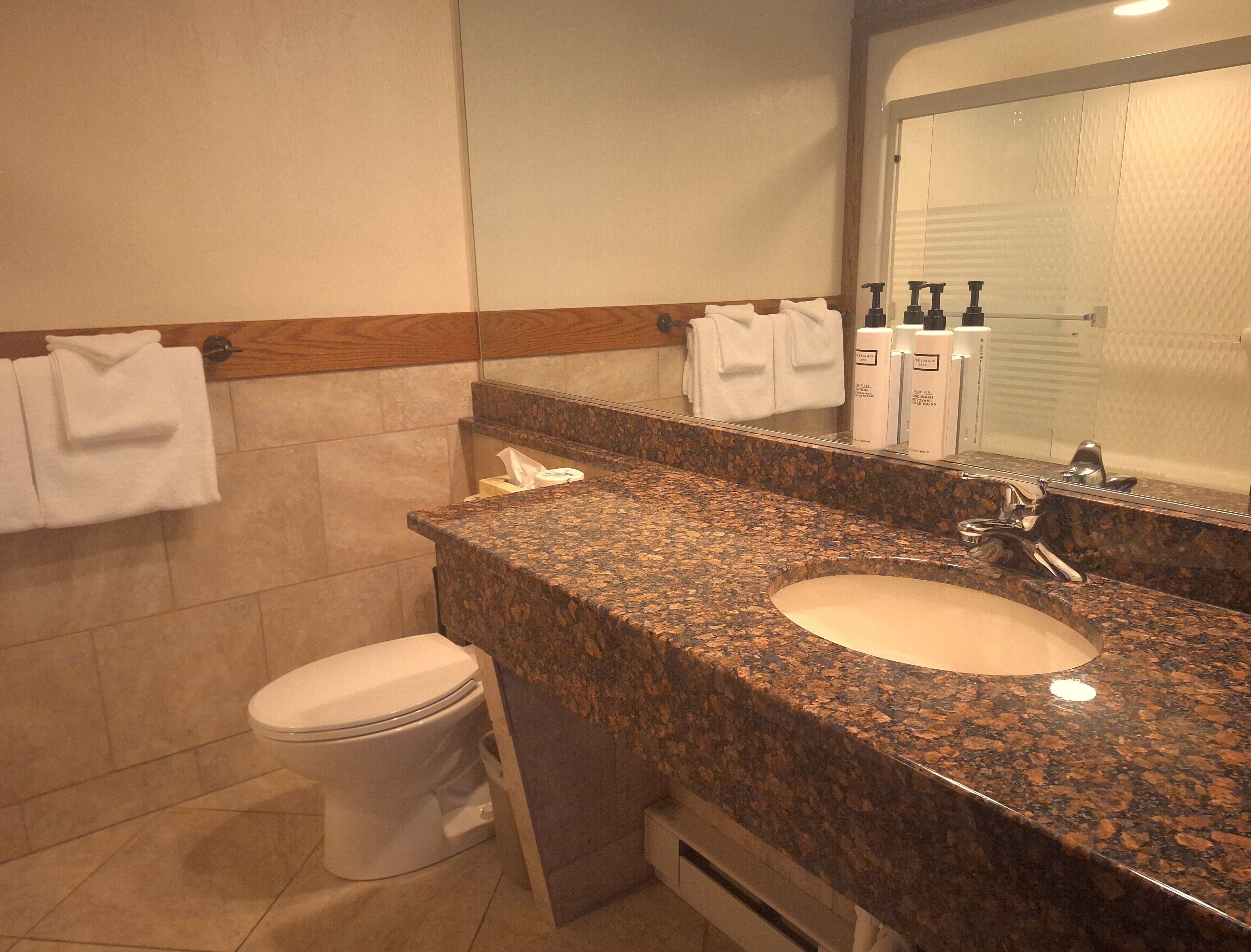 Un baño con lavamanos de encimera de granito, inodoro blanco y espejo sobre el lavamanos.
