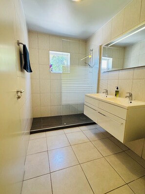 Shower, hair dryer, towels, soap