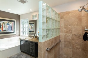 Shower, jetted tub, hair dryer, towels