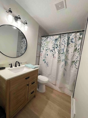 Combined shower/tub, hair dryer, towels, soap