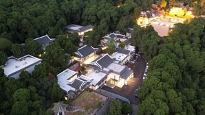 An aerial view of a residential area with traditional-style houses surrounded by dense greenery. - Qiqushan Hotel (Zitong)