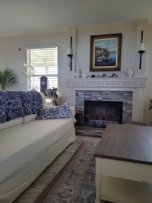 Smart TV, fireplace, DVD player, books