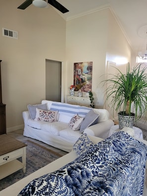 Smart TV, fireplace, DVD player, books