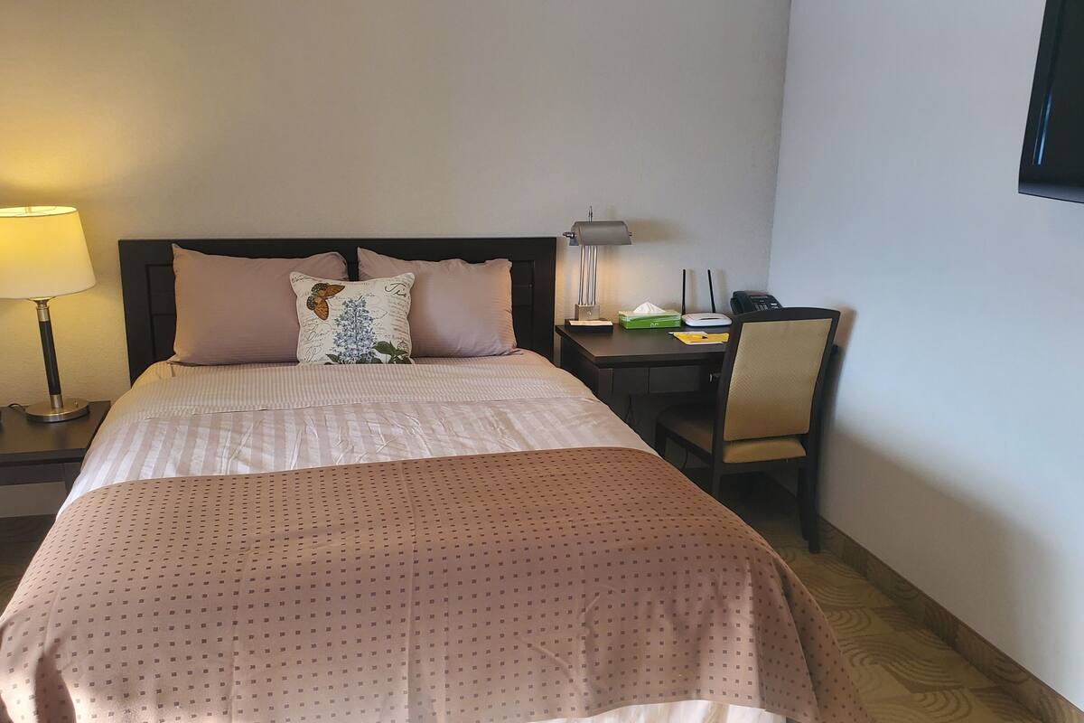 A hotel room with a bed, a desk, a chair, a lamp, and a TV.