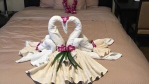 A hotel room with a bed, pillows, a nightstand, a lamp, and a laptop. - Shoreside Inn & Suites (Wabamun)