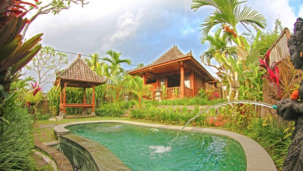 A pool surrounded by lush greenery and traditional wooden structures. - Vinarya Villa (Tegallalang)