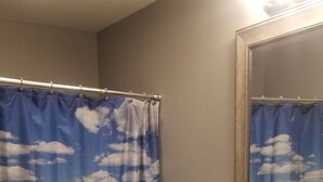 A bathroom with a shower curtain depicting a desert landscape, a white toilet, a granite countertop sink, and a mirror above it. - New 1 bedroom cottage right off Route 66. (Galena)
