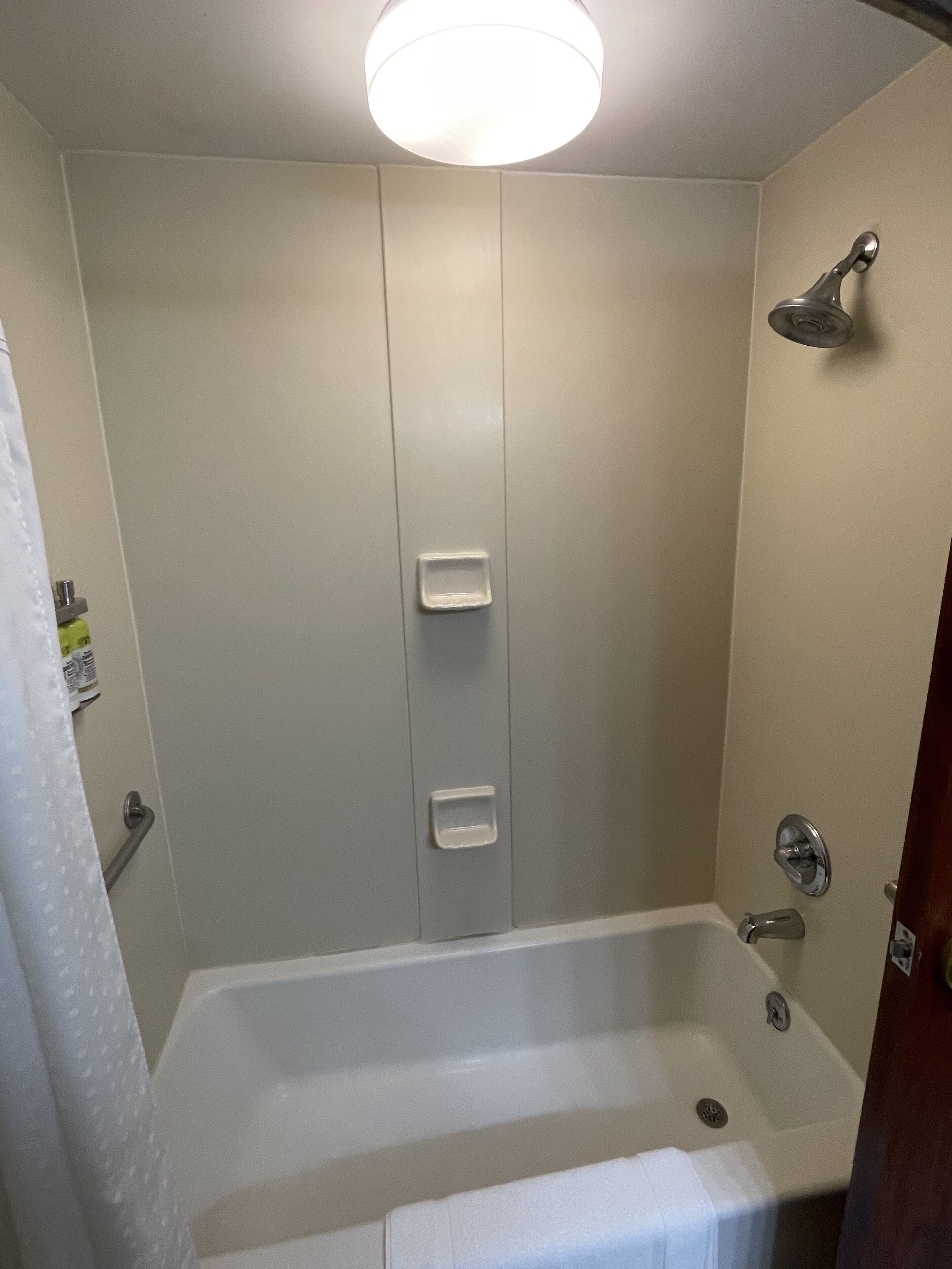 combined shower/bathtub, free toiletries, hair dryer, towels