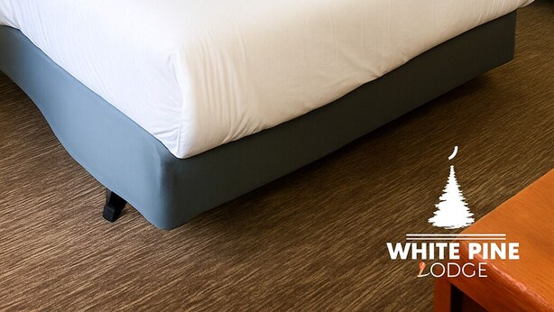 A hotel room with two beds, a nightstand with a lamp, and framed pictures on the wall. - White Pine Lodge (Salamanca)