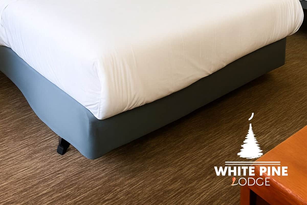 A hotel room with two beds, a nightstand with a lamp, and framed pictures on the wall.