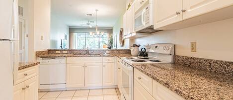 Fridge, microwave, dishwasher, coffee/tea maker