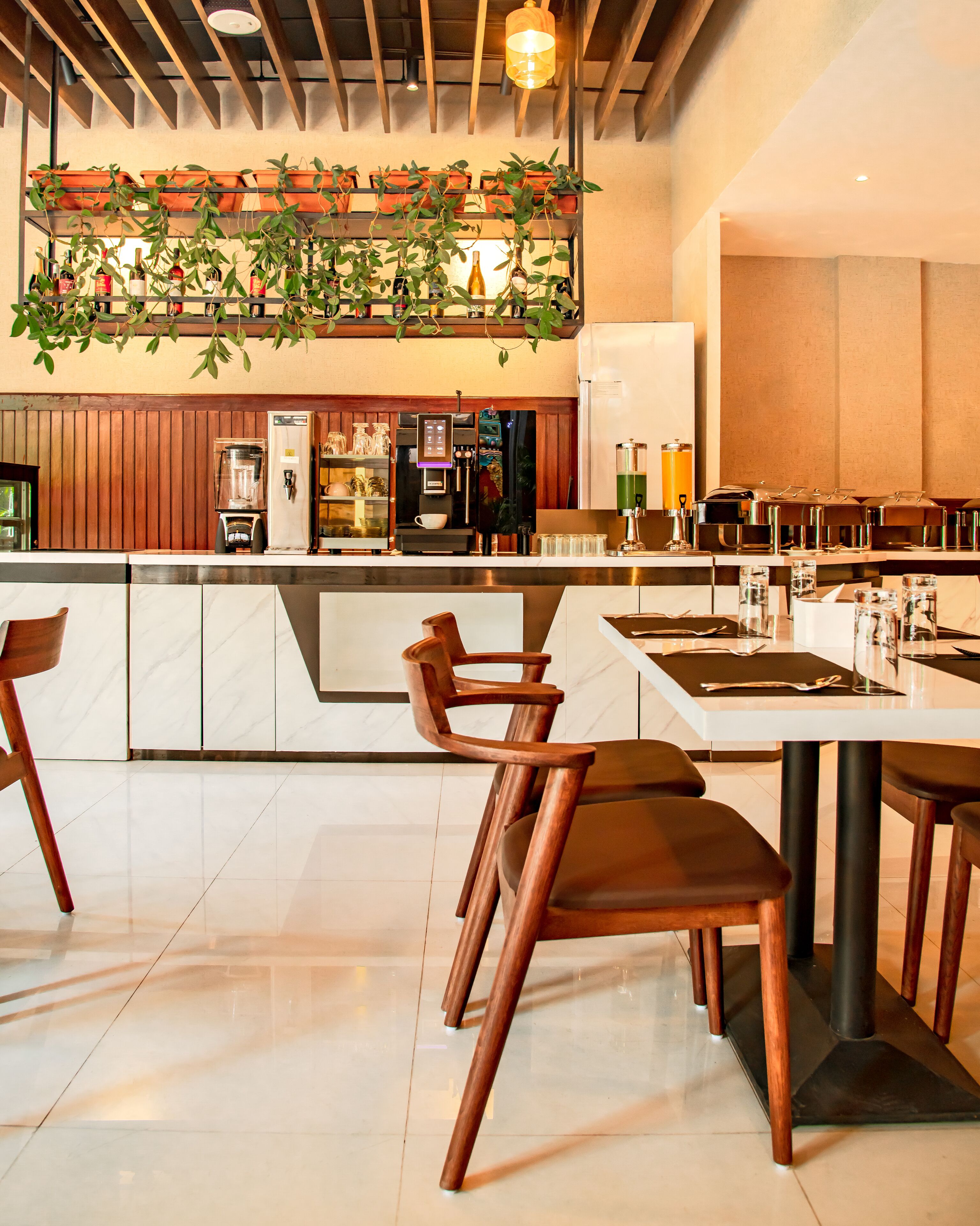 Zona de bar moderna amb cadires de fusta, una barra amb una màquina de cafè i una estant amb plantes en testos.
