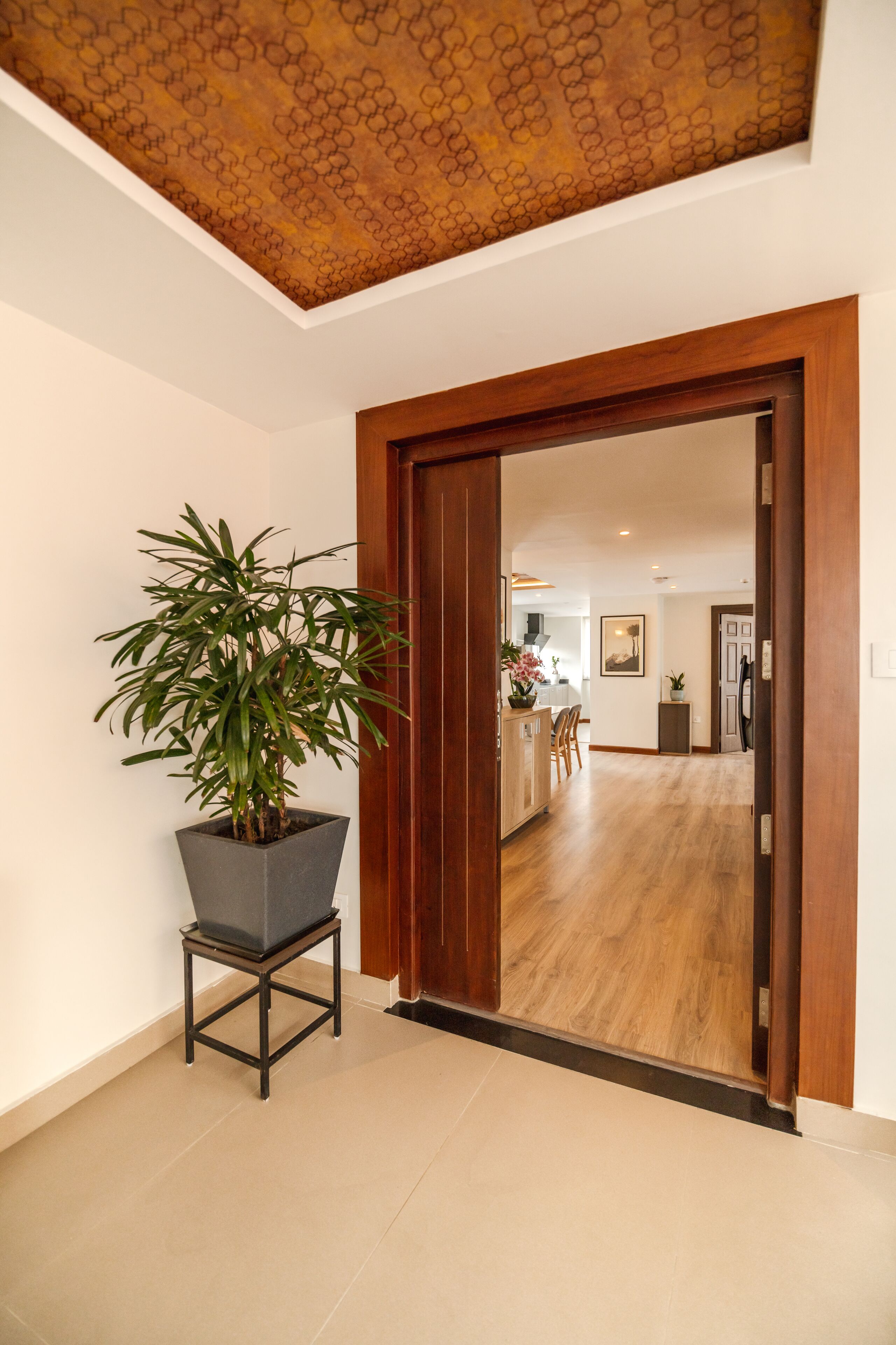A hallway with a wooden door, a potted plant, and a tiled floor.