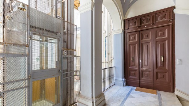 A hallway with a metal gate, a brown double door, and a marble floor.