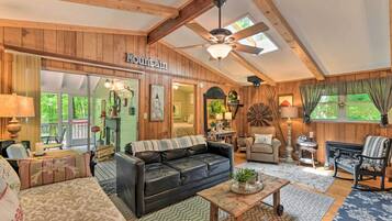 TV, fireplace, books