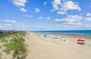 A beach with a sandy shore, a few umbrellas, and a clear blue sky. - Private Pool, Hot Tub! Entertainment Area! Tiki Bar (Corolla)