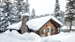 Una cabaña de troncos rodeada de árboles cubiertos de nieve.