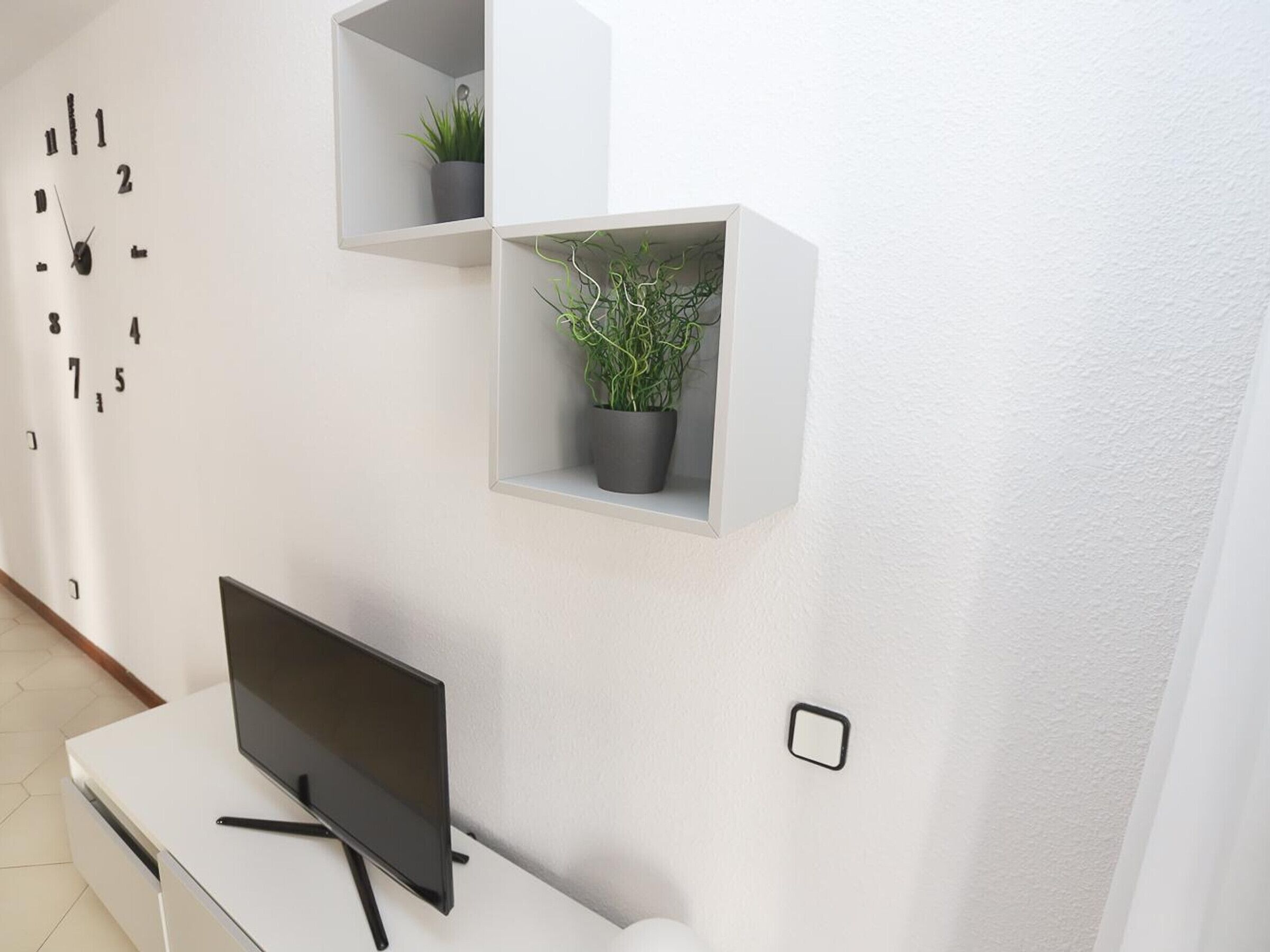Ein modernes Interieur mit einem Flachbildfernseher auf einer weißen Konsole, zwei weiße Regale mit Topfpflanzen und einer Wanduhr mit Zahlen.